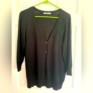 DKNYC Cardigan: Black, V-Neck, Buttons, Cotton Blend L